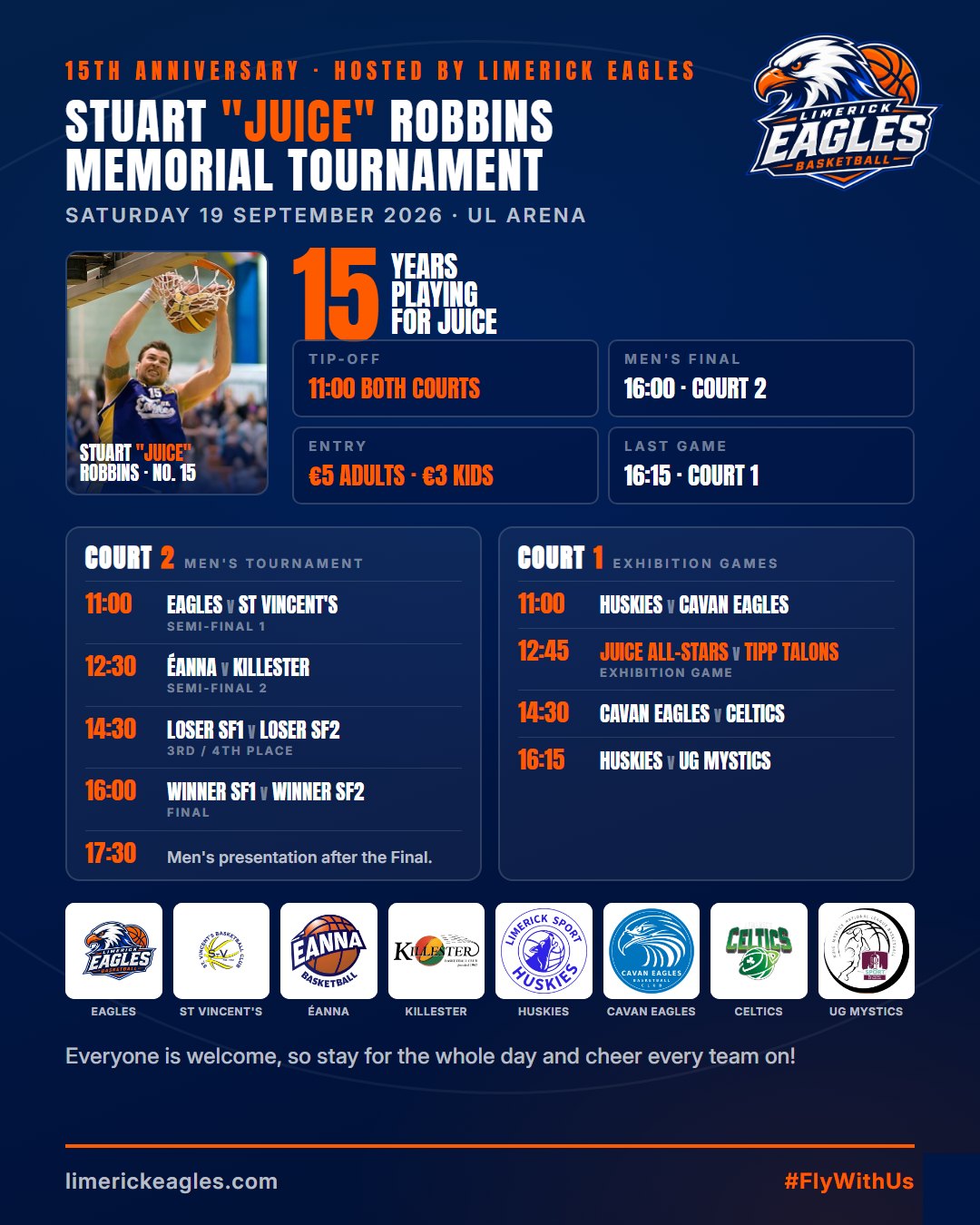 Poster for the 15th Stuart Juice Robbins Memorial Tournament with the full schedule for both courts